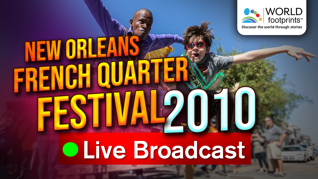New Orleans French Quarter Festival 2010 video image for the World Footprints live broadcast. Image shows two party goers wearing beads.