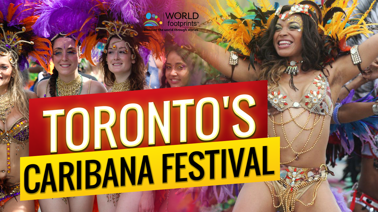 Toronto Caribana Festival image showing dancing girls in colorful head dress and bikinis.