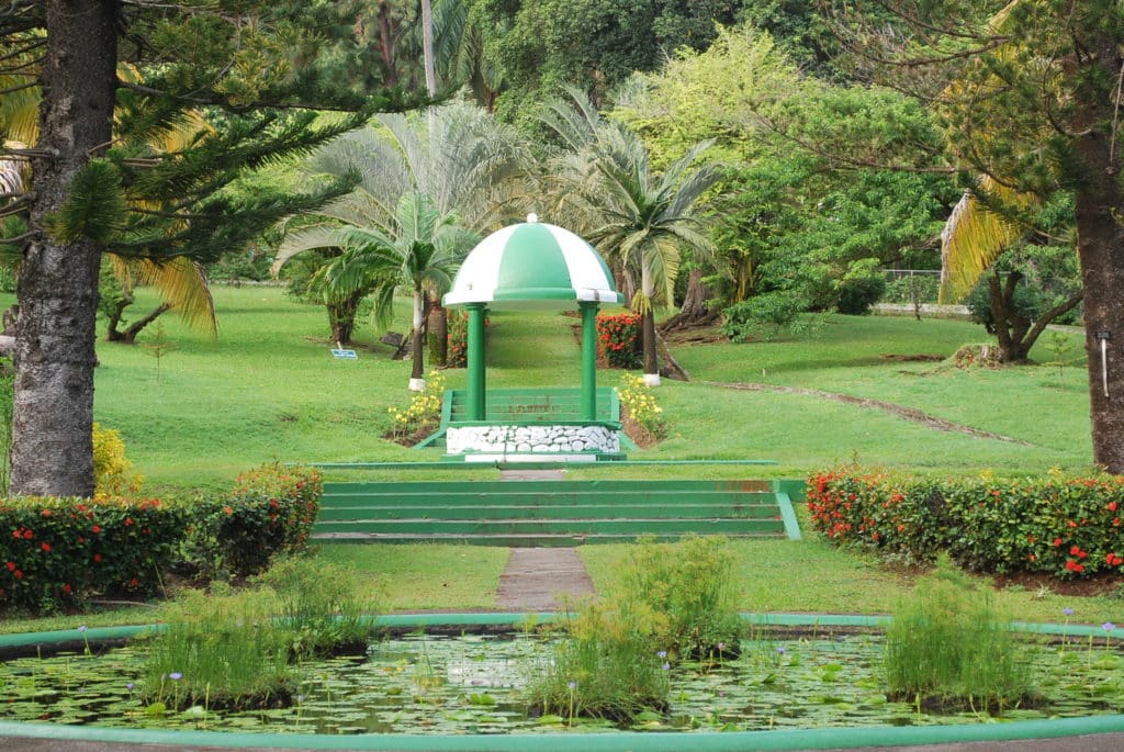 St Vincent Botanical Garden Green and white gazebo sitting as a centerpiece in St Vincent Botanical Garden. Photo by Tonya Fitzpatrick