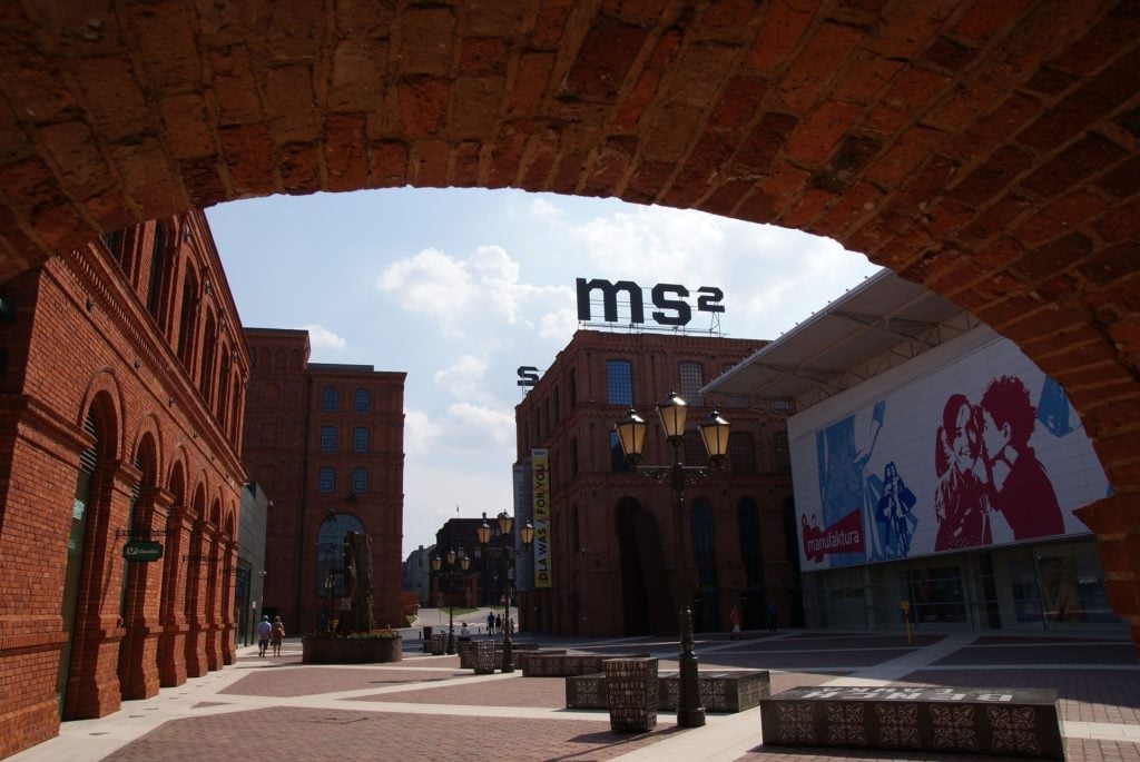 lodz manufaktura complex Red-brick factory buildings at the Manufaktura complex in Lodz, Poland
