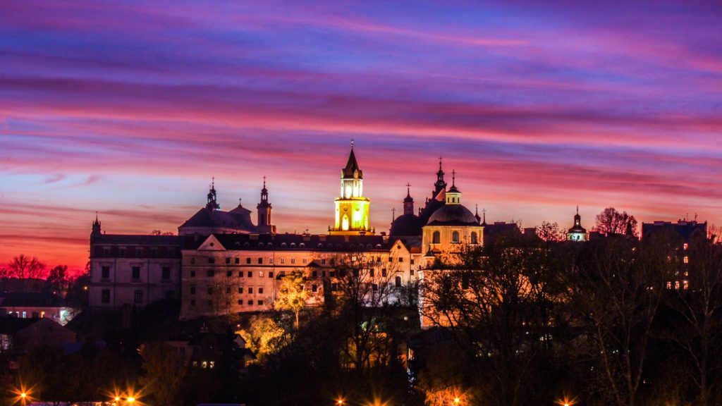 Lublin Castle Poland Illuminated Lublin Castle beneath a pink and purple evening sky