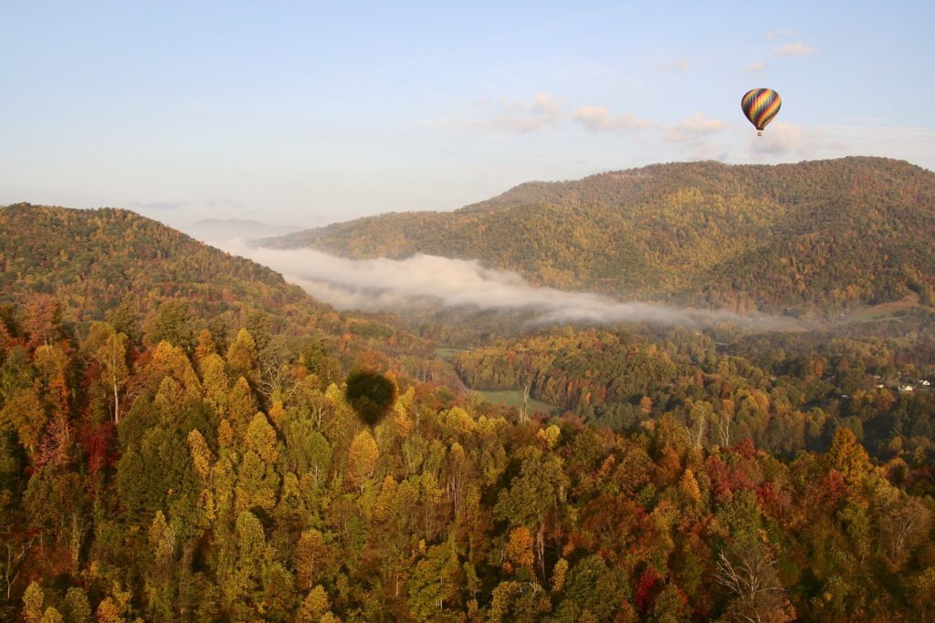 Hot air ballooning over Appalachian mountains
