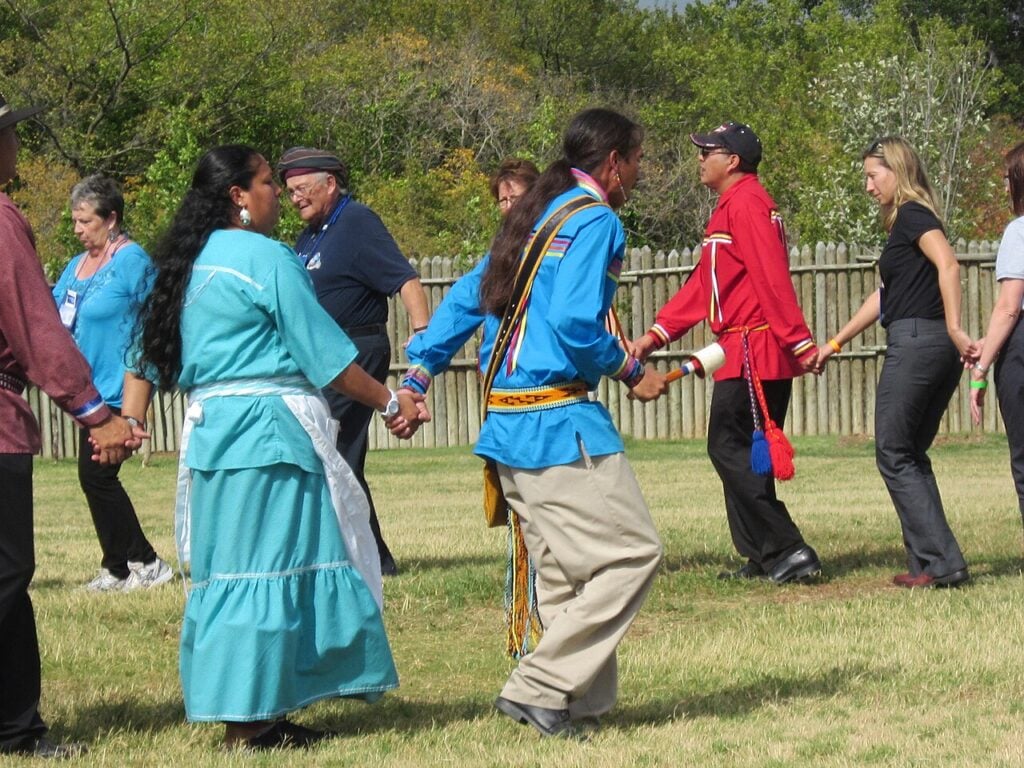 Chickasaw tribal members performing Chickasaw tribal dances Participants join a Chickasaw cultural dance at the Chickasaw Cultural Center in Oklahoma.