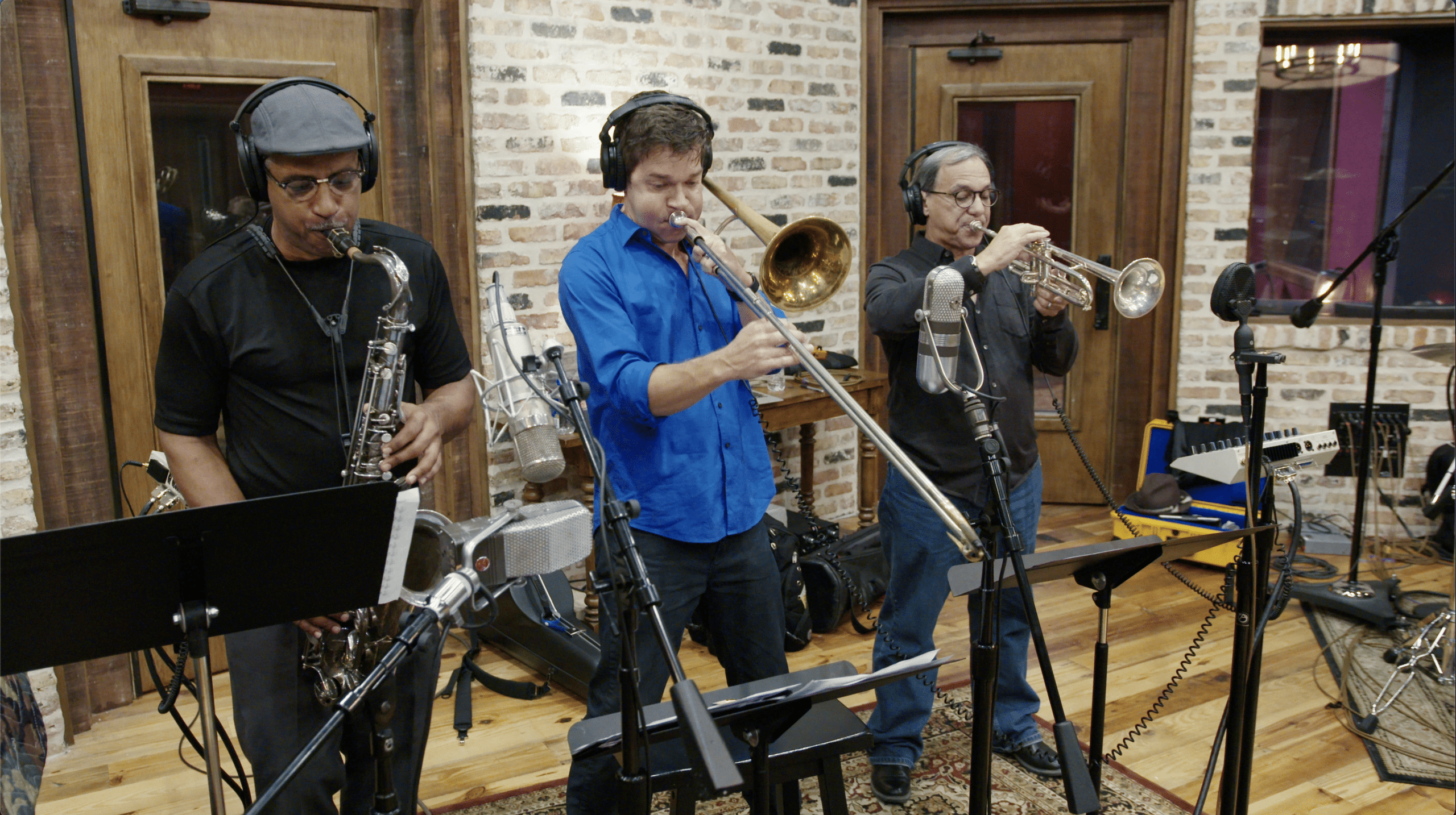 Alonzo Brown Mark Mullins and Bobby Campo recording brass parts in New Orleans