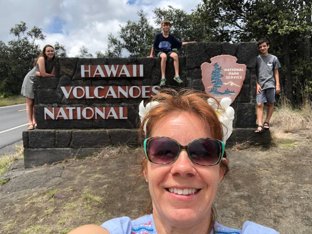 Author and family selfie by Hawaii Volcanoes. Traveling with kids