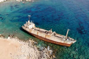 1 Aerial drone capture of the EDRO III shipwreck stranded on Cyprus west coast scaled