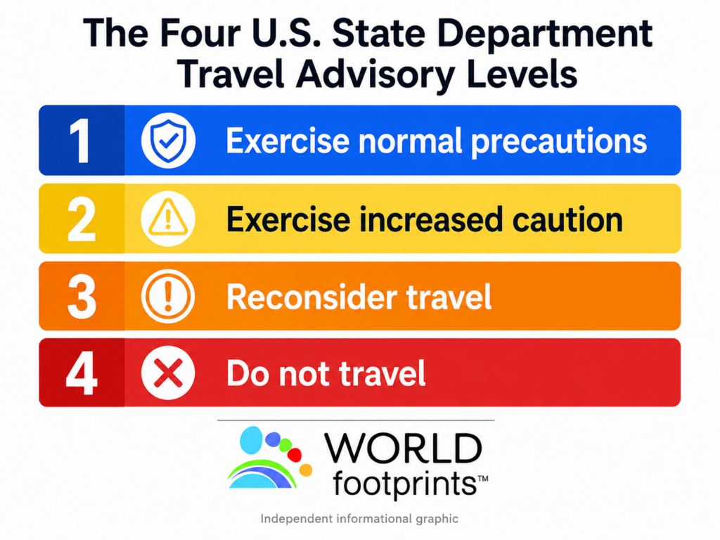 state department four travel advisory levels Four U.S. State Department travel advisory levels from normal precautions to do not travel