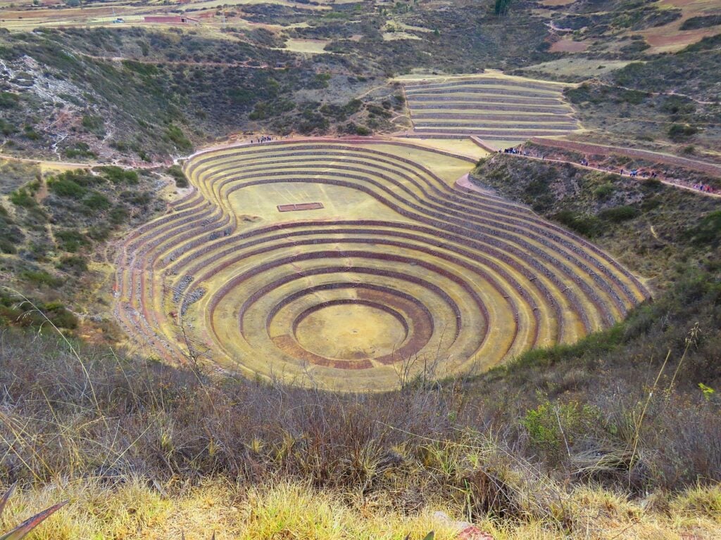 peru agricultural terraces Agricultural terraces across a mountainous landscape in Peru