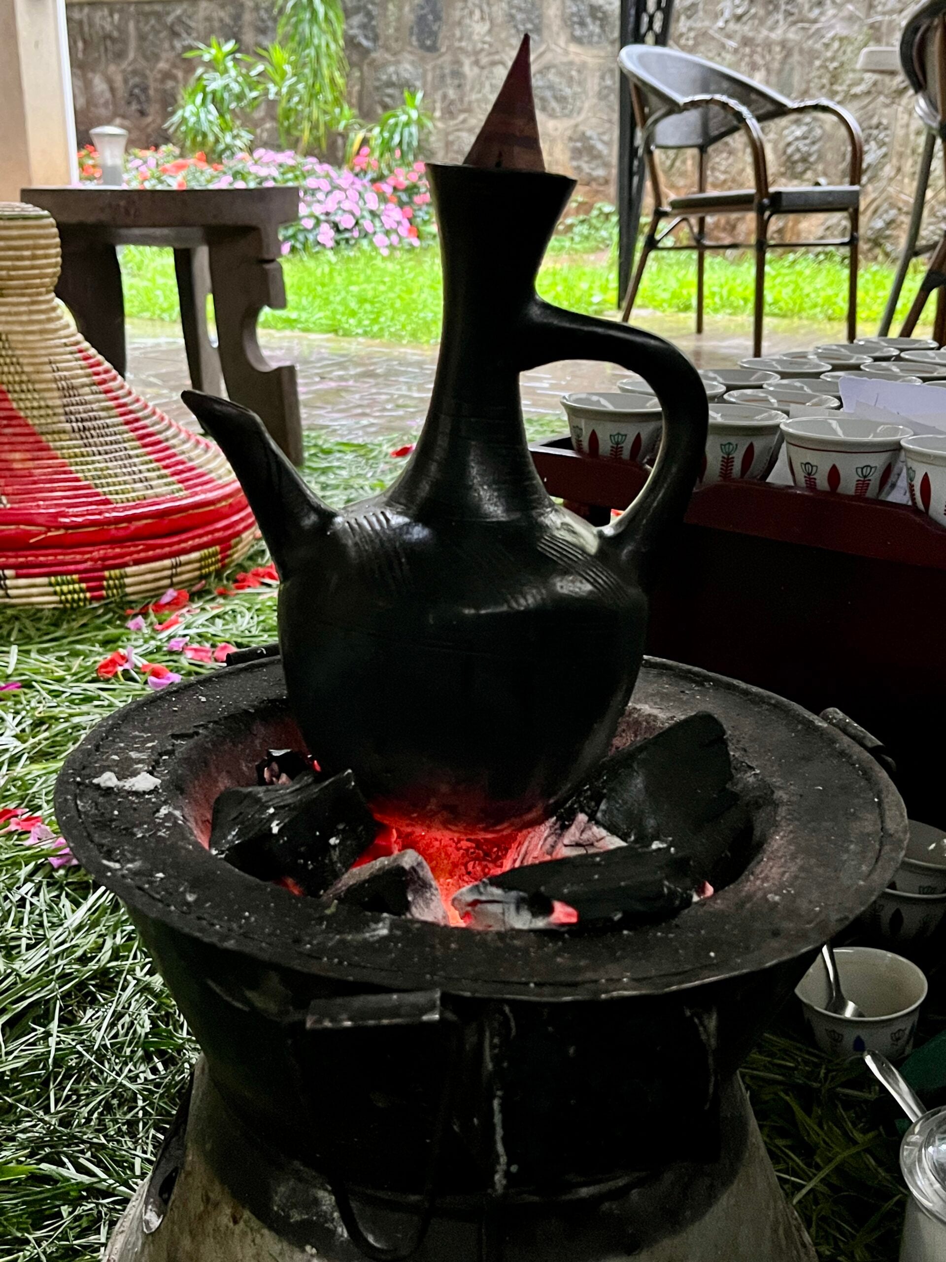 Ethiopia Coffee is brewed over charcoal in a clay pot called a jebena.