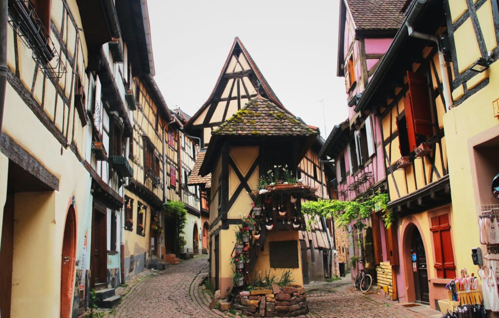 empty road between houses in an old european village