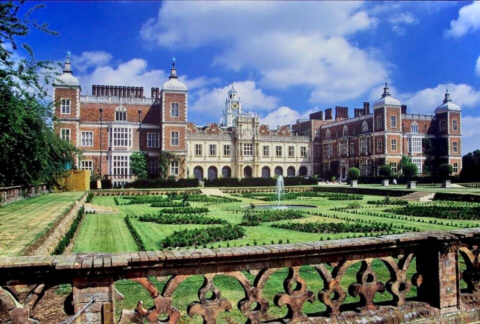 Jacobean Hatfield House and its formal garden in Hertfordshire, England